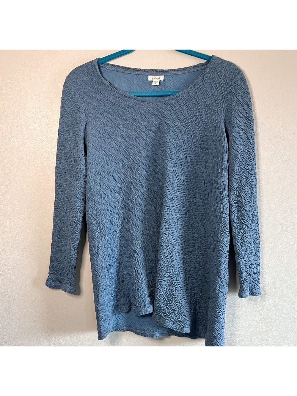 J. Jill Pure Jill Blue Round Neck 3/4 Sleeve Scrunched Cotton Fabric Top Small
